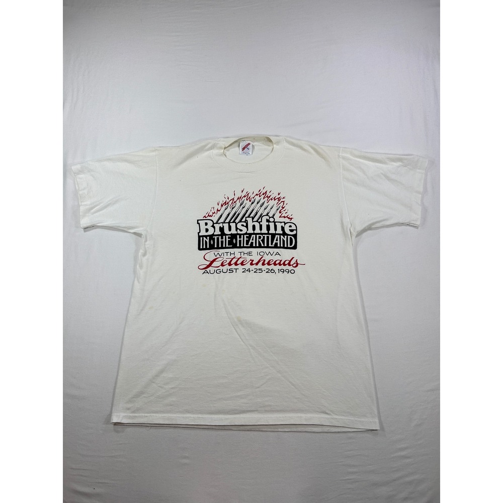 Vintage 1990 Jerzees Brushfire Heartland Iowa Letterheads T-Shirt XL White 90s